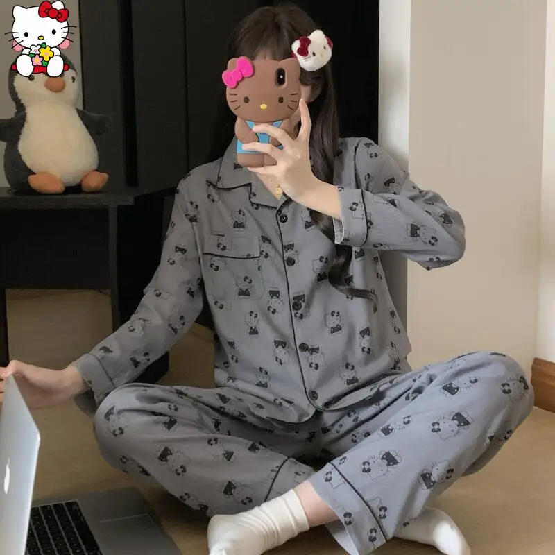 Hot Anime Hello Kitty Damen-Pyjama, neues Cartoon-Bild, Kawaii, süßer Stil, Komfort, verdickt, warm, Heimkleidung, Teenager zu Hause