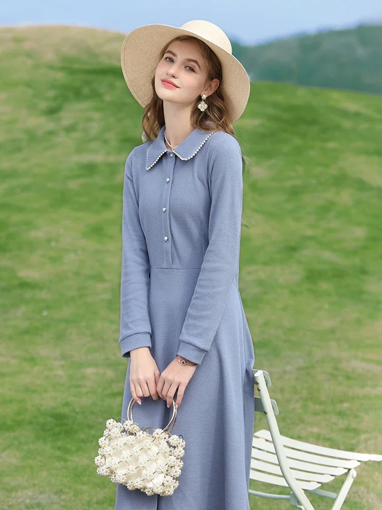 I BELIEVE YOU New Blue Dress 2023 Spring High Waist Aline Women's Frock Lapel French Casual Midi Dress Female Clothes 2231094957