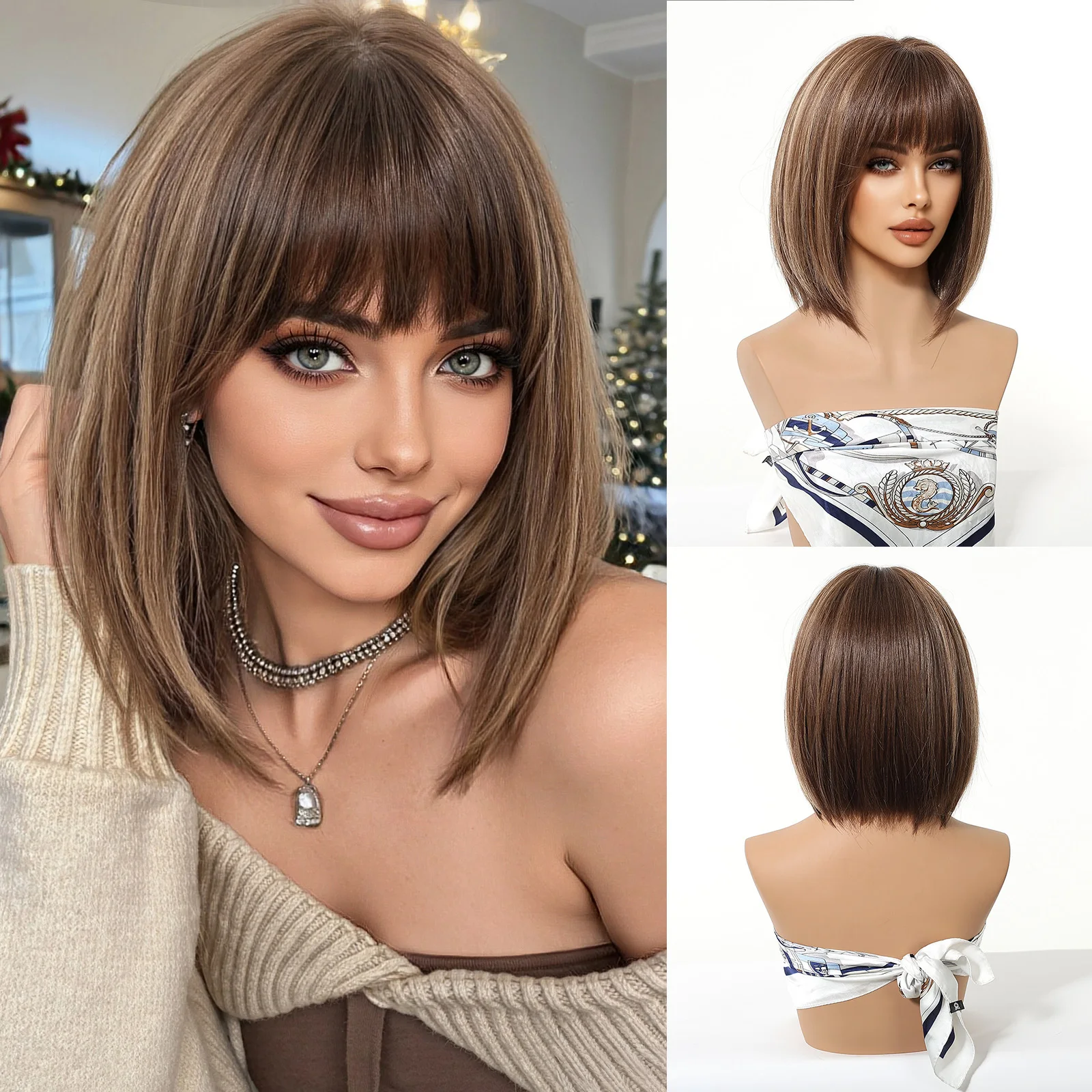 

EASIHAIR Короткие прямые синтетические парики Коричневые светлые парики с омбре с челкой для женщин Ежедневное использование для вечеринок Термостойкое волокно