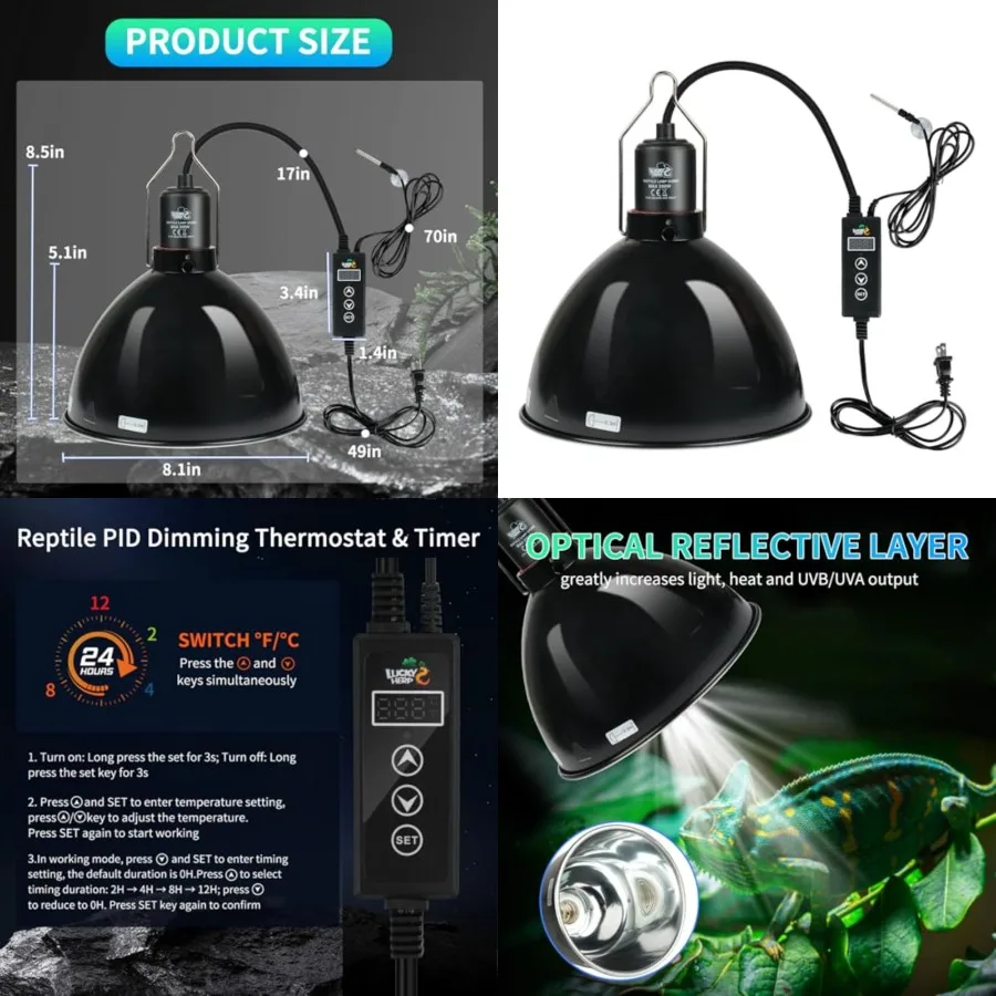 Reptile Light Fixture with Dimmg Thermostat and Timer, Aluminum Dome Reptile Lamp Fixture, Heat Lamp Fixture for Reptile Bulb B