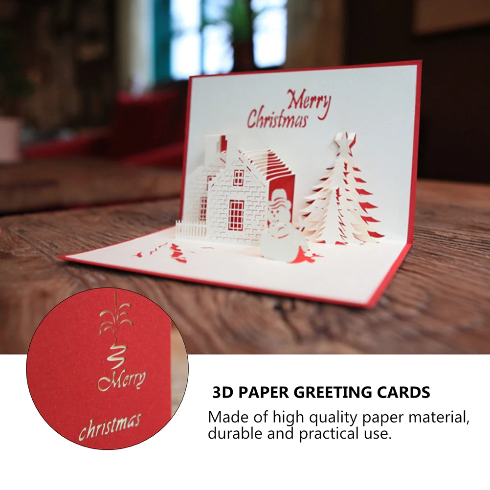 

3D Paper Christmas Greeting Cards Creative Up Blessing Cards Handmade Xmas Invitation Cards For Party Red New Year Card