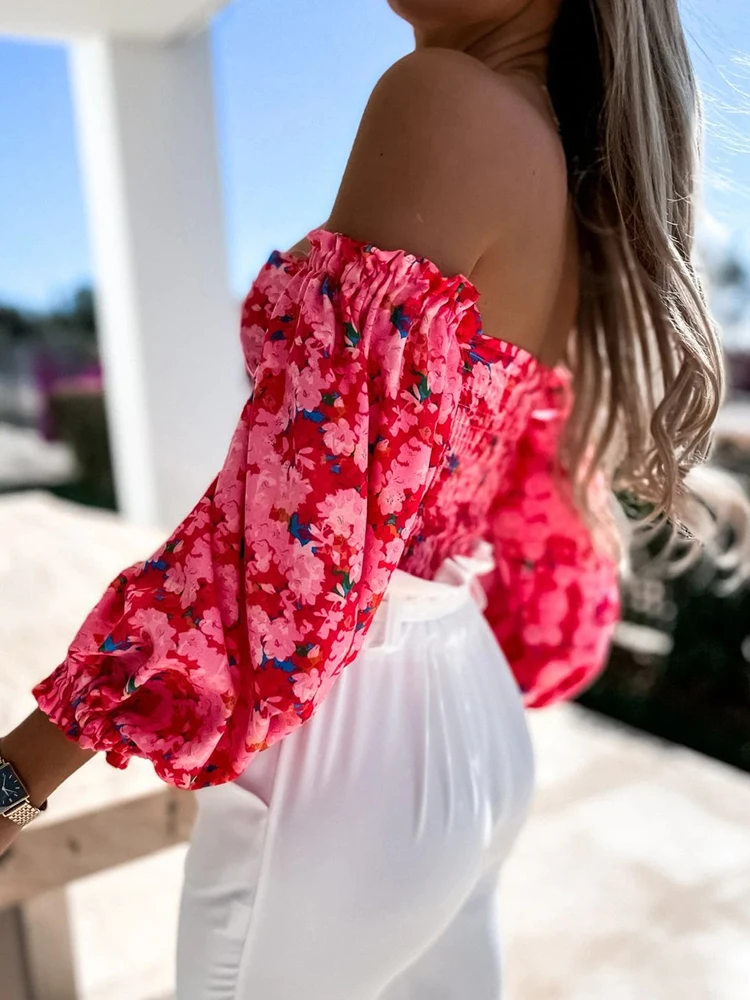 Summer Sexy Off Shoulder Top Women Blouse Fashion Puff Sleeve Slash Neck Slim Floral Tops 2022 Casual Blouses Holiday Beach Top