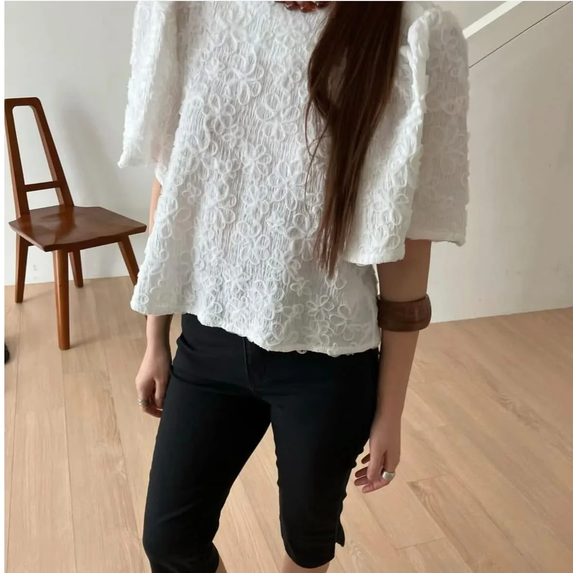 

2026 Summer New Chic Fashionable Sweet Anti-aging Short Sleeve 3D Flower All-match Women's Top Korean Style Loose Fit Lace Shirt
