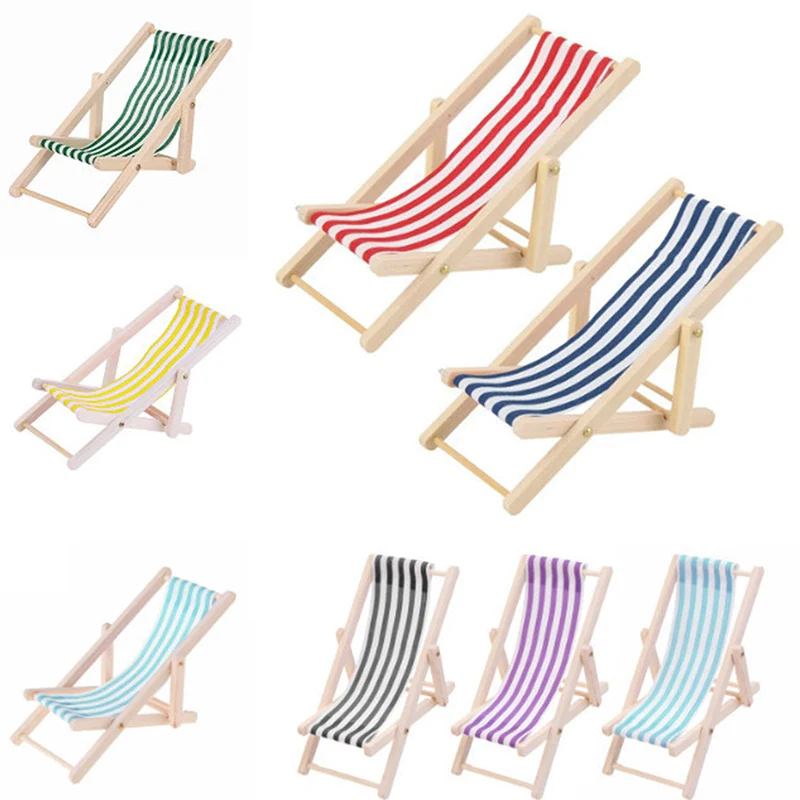 1:12 Mini Stripe Foldable Wood Beach Chair Recliner Sunbathing Chair Chaise Lounge Chair Dollhouse Furniture for Barbie Toy