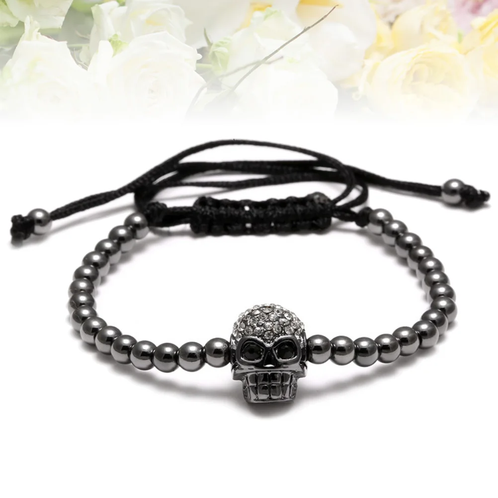 

Creative Adjustable Braided Bead Skull Bracelet For Men Zircon Weaving Copper Bangle Comfortable Lightweight Jewelry Gift