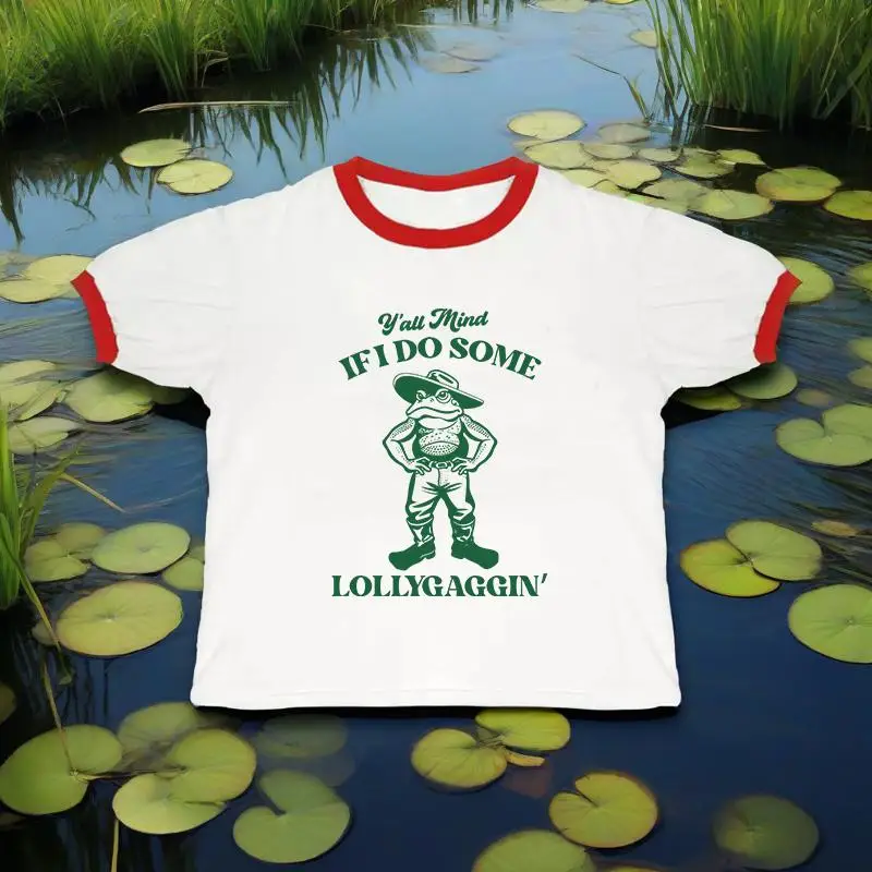 

Fashion Casual Short Sleeve O Neck T-Shirt Retro Cute Frog Pattern Print Crop Top Women Y2K Harajuku Aesthetics Vintage Punk Tee