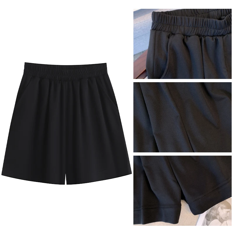 Plus-size women's summer casual commuting loose comfortable shorts Black khaki elastic waist with pockets minimalist style pants