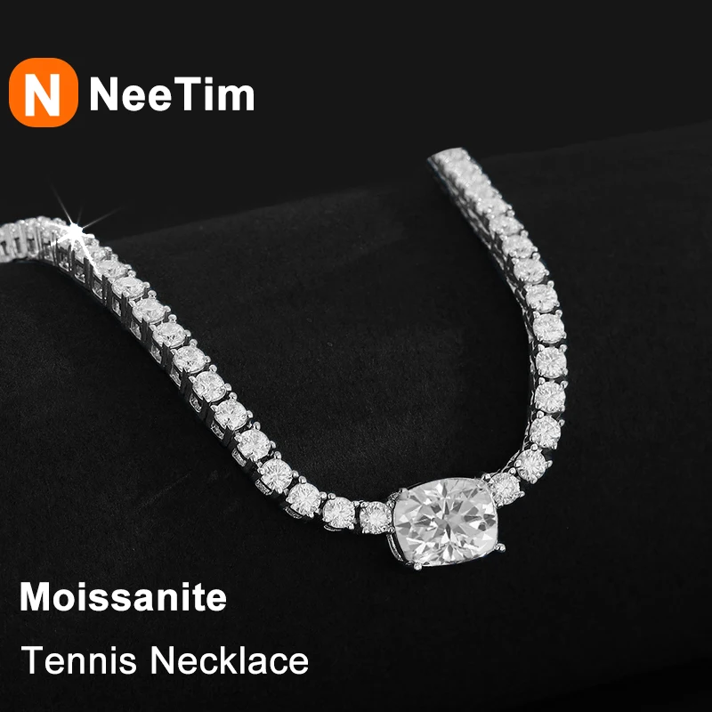 

NeeTim 3mm Full Moissanite Tennis Necklace 4ct Radiant Pendant 925 Sterling Silver Wedding Fine Jewelry Gift with GRA for Women