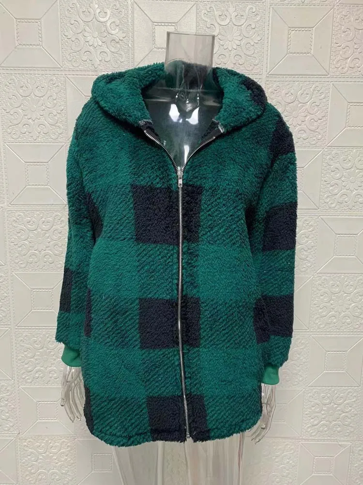 2023 Autumn Winter Plaid Faux Fur Coat Women Teddy Coat Hooded Jackets Female Furry Teddy Bear Plush Jacket Women