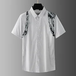 Trendy brand new metal buckle snake pattern shoulder strap patchwork striped men's fashionable short sleeved shirt