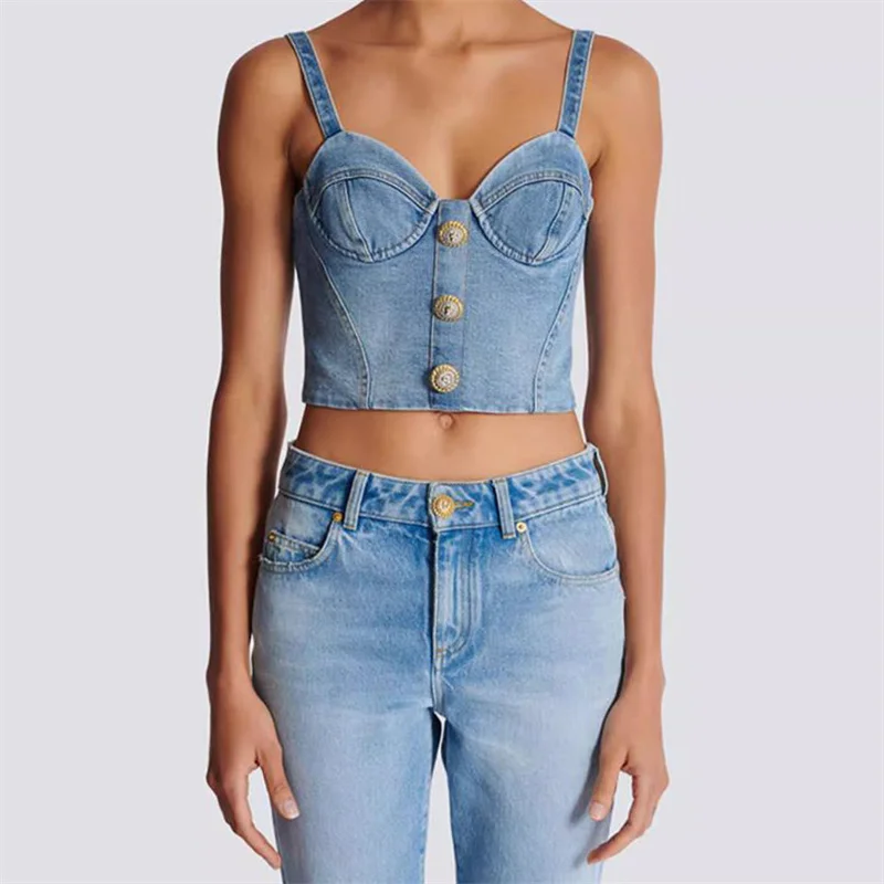 

Women's Vest 2024 Summer New Retro Washed suspender Tank Top Sexy backless pure cotton Women's corset Denim sleeveless Crop top