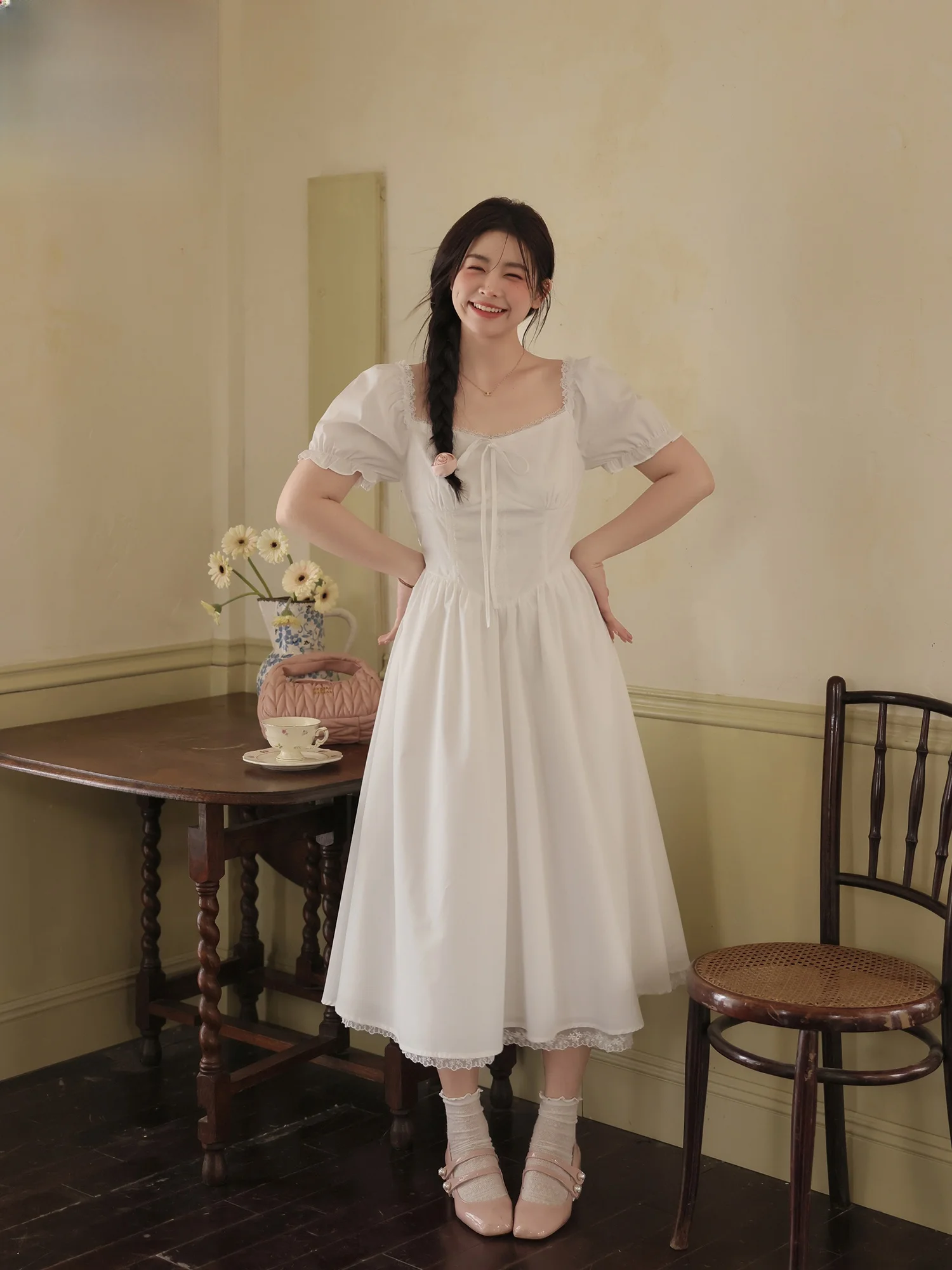 

Slimming A-Line Tea Break Dress for Women Summer White Flattering Maternity Style Commute-Inspired Korean High Waist Short Sl...