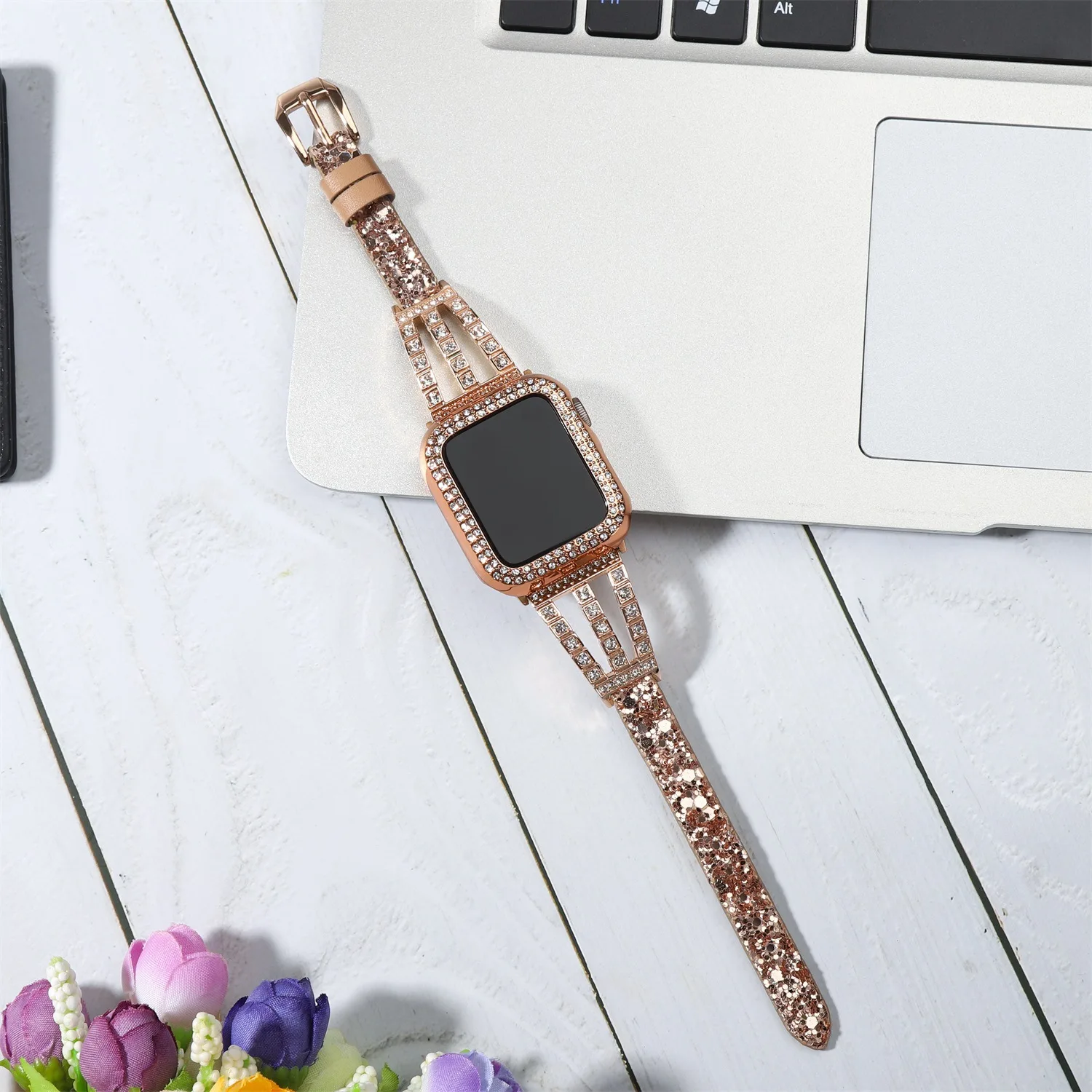 Diamond Metal+Leather Strap For Apple Watch 8 7 45mm 41mm Ultra 49mm Women Exquisite Band iWatch 6 5 4 3 SE 44mm 40mm Watch Case