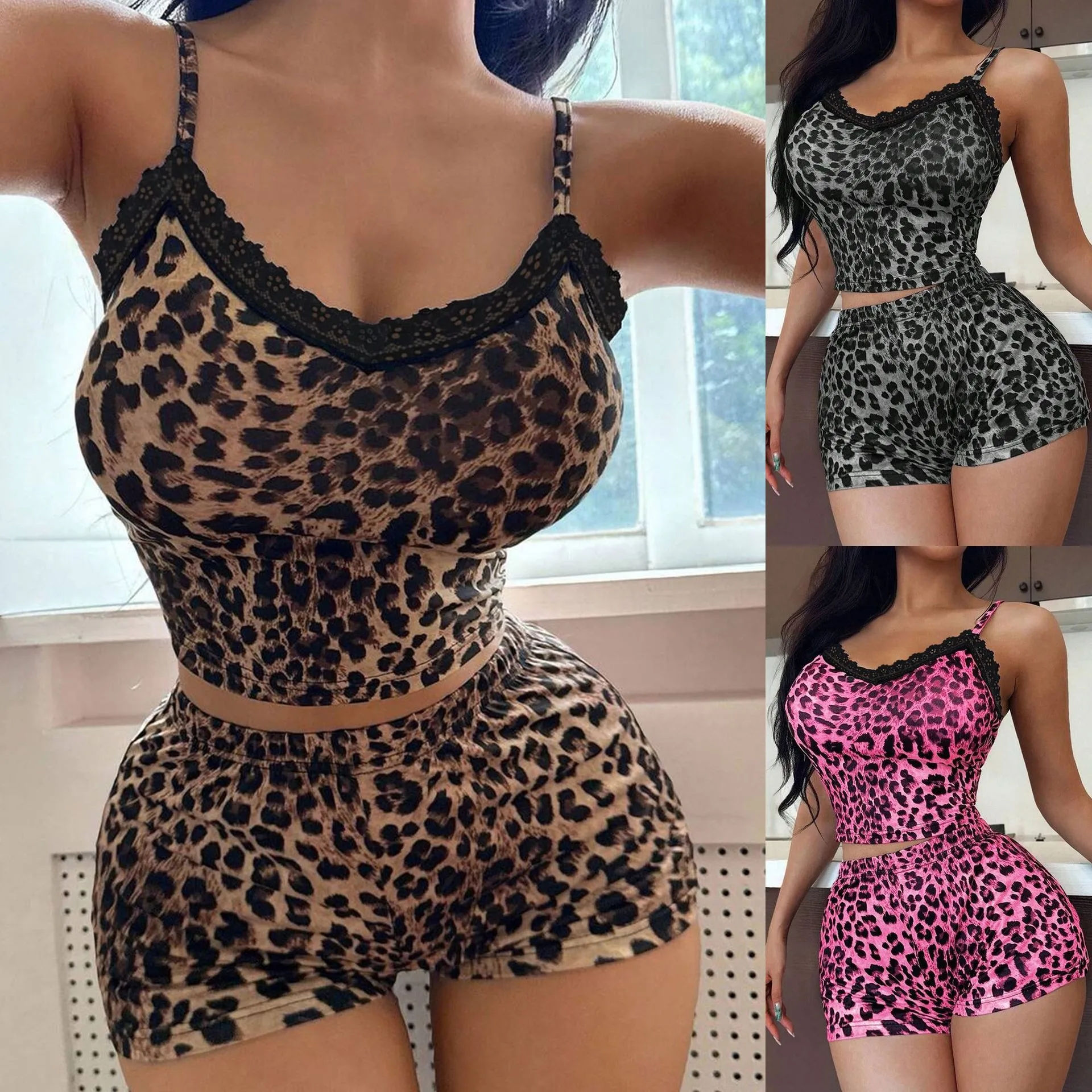 

Sexy Lace Leopard Print Chemise Nightgown with Strap Women's Home Clothes Set Short Sleeveless Comfortable Breathable Sleepwear