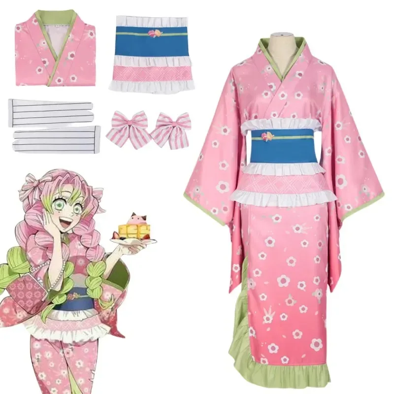 

Новый аниме Kanroji Mitsuri кимоно пояс для женщин девушка Хэллоуин косплей костюм розовая униформа для выступлений