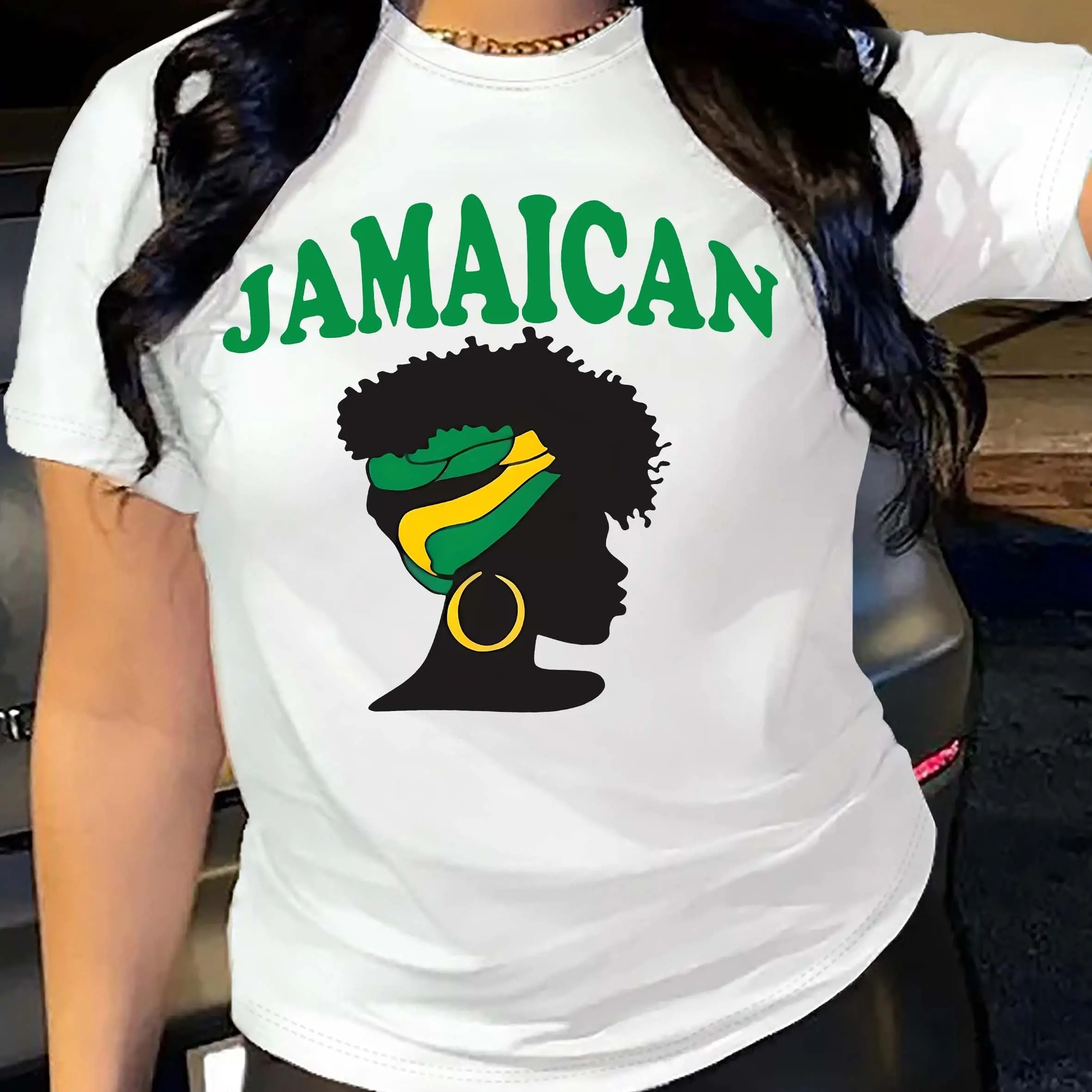 Vibrant Jamaican Carnival Portrait Crew Neck T-shirt -  Regular Length, Casual Top For Women - Perfect For Spring And Summer