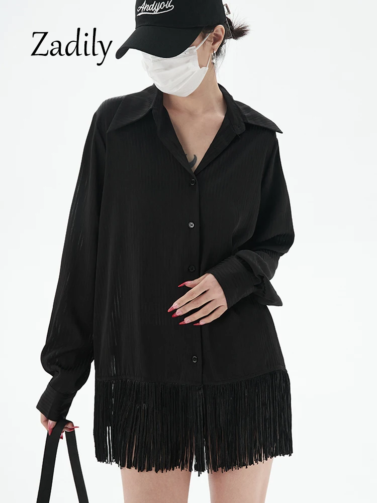 Zadily 2024 Spring Office Lady Long Sleeve Women Black Shirt Korea Style Loose Tassel Button Up Autumn Blouse Female Clothing