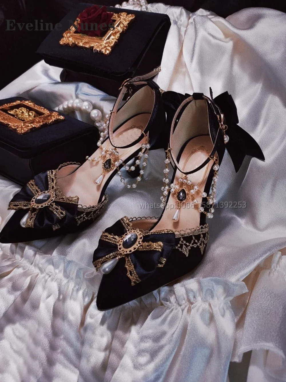 

Босоножки с бахромой и жемчугом и бантом, острый носок, кружевные атласные туфли на шпильке с прямым ремешком, женские туфли на каблуке в стиле Лолиты, изысканные туфли-лодочки для вечеринки 2024