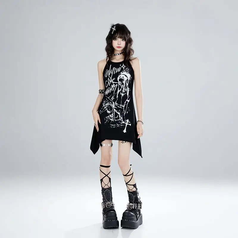 

NONSAR Sweethot Spicy Girl Neck Черное висячее платье для женщин Лето Новый американский стиль Y2k Тонкое мини-платье трапециевидной формы с принтом на бретельках