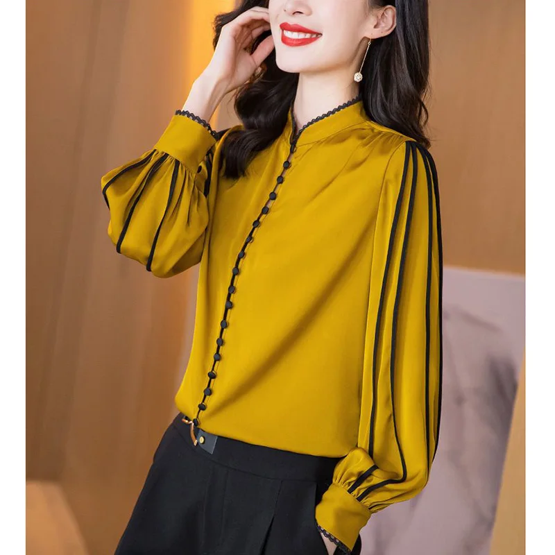 Fashion Stand Collar Button Spliced Folds Ruffles Blouse Women Clothing 2023 Autumn New Casual Pullovers Loose Office Lady Shirt