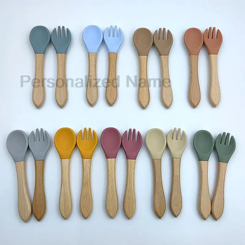 Personalized Name Baby Feeding Spoon Fork Sets Children Silicone Tableware With Wooden Handle Kids Training Spoon Free Shipping