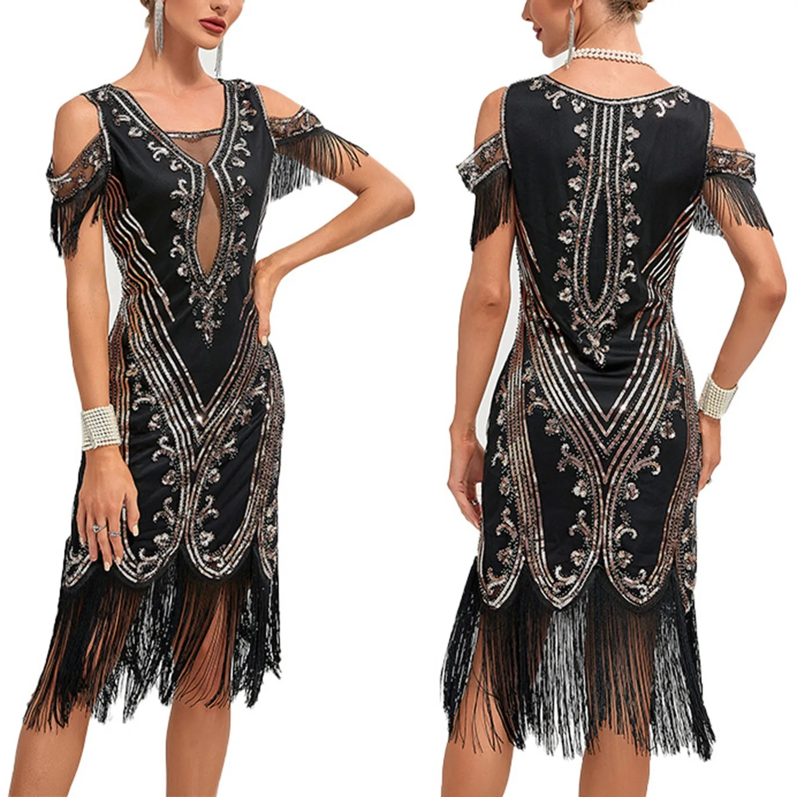 1920s Flapper Party Tassels Hem Knee Length Dress Sequined Cocktail Evening Dresses Women Accessories Formal Banquet Dress