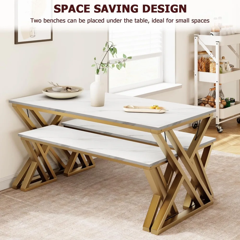 Conjunto de jantar de 4 lugares com mesa retangular e dois bancos, com tampo de mármore falso