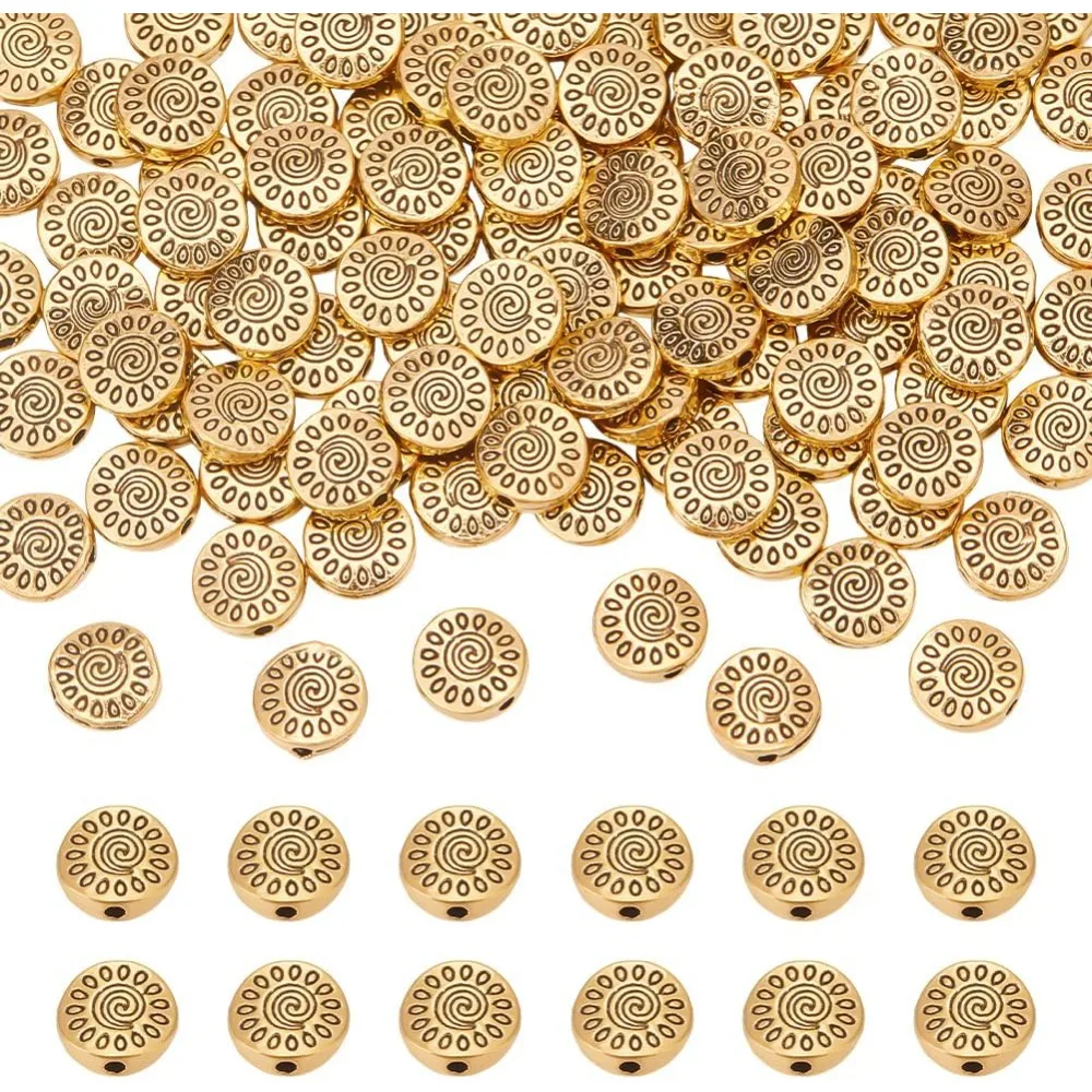 

100pcs 9.5mm Flat Round Beads Style Zinc Alloy Bead Vintage Retro Flower Spacer Beads Bracelet Bead Spacers for DIY Jewelry
