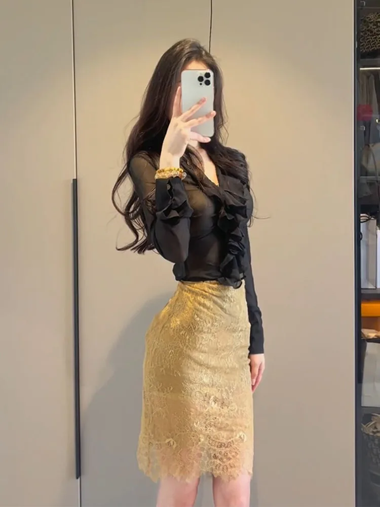 

Lace Trim Mesh See-through Summer Top And High-waist A-Line Skirt Set Women's plus Size Fashionable Korean Style Outfit