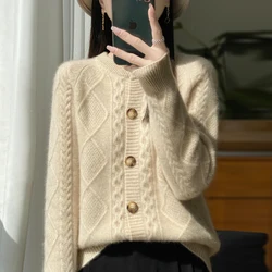 Autumn Winter New Women's Clothing 100% Pure Wool Round Neck Knitted Cardigan Fashion Twisted Flower Long Sleeve Tops Warm Shirt