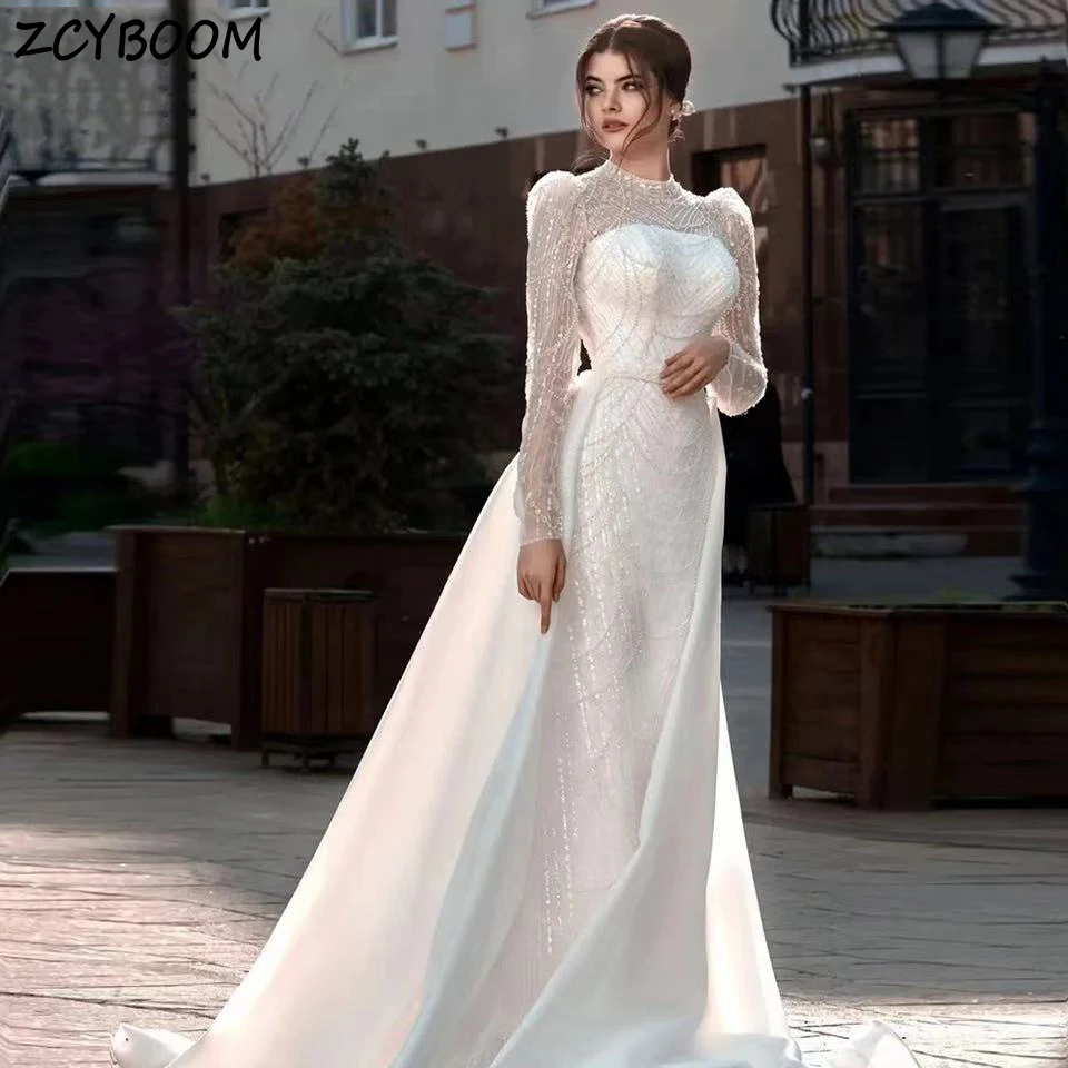 

Customized White O-Neck Beaded Long Sleeves Butterfly Wedding Dress 2025 Mermaid Floor Length Detachable Sweep Train Bridal Gown