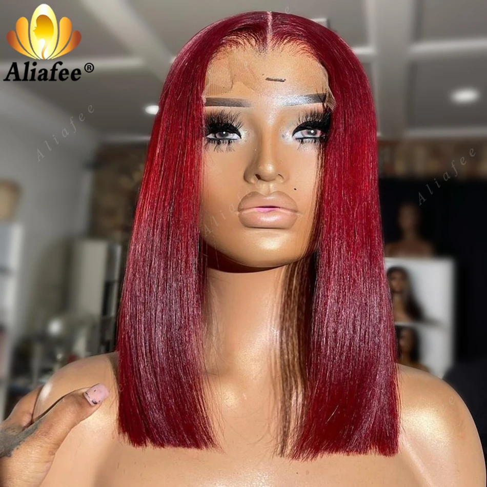 Perruque Bob Lace Wig naturelle courte, cheveux humains, couleur vin rouge 99J, 13 age, pre-plucked, transparente, densité 180%, pour femmes