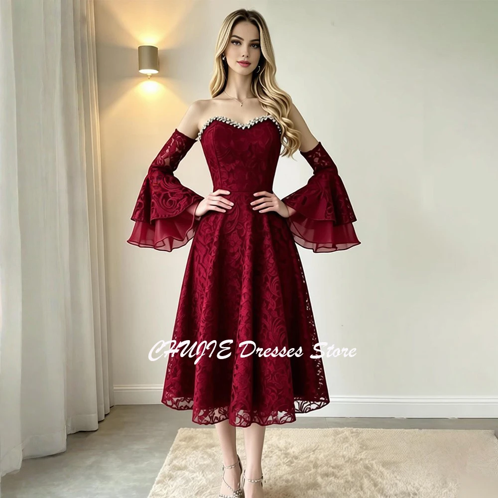 

Burgundy Full Lace Evening Dress Ruffle Sleeves Prom Dress Dubai Arabia Customized Tea Length Wedding Gowns 2026 вечернее платье