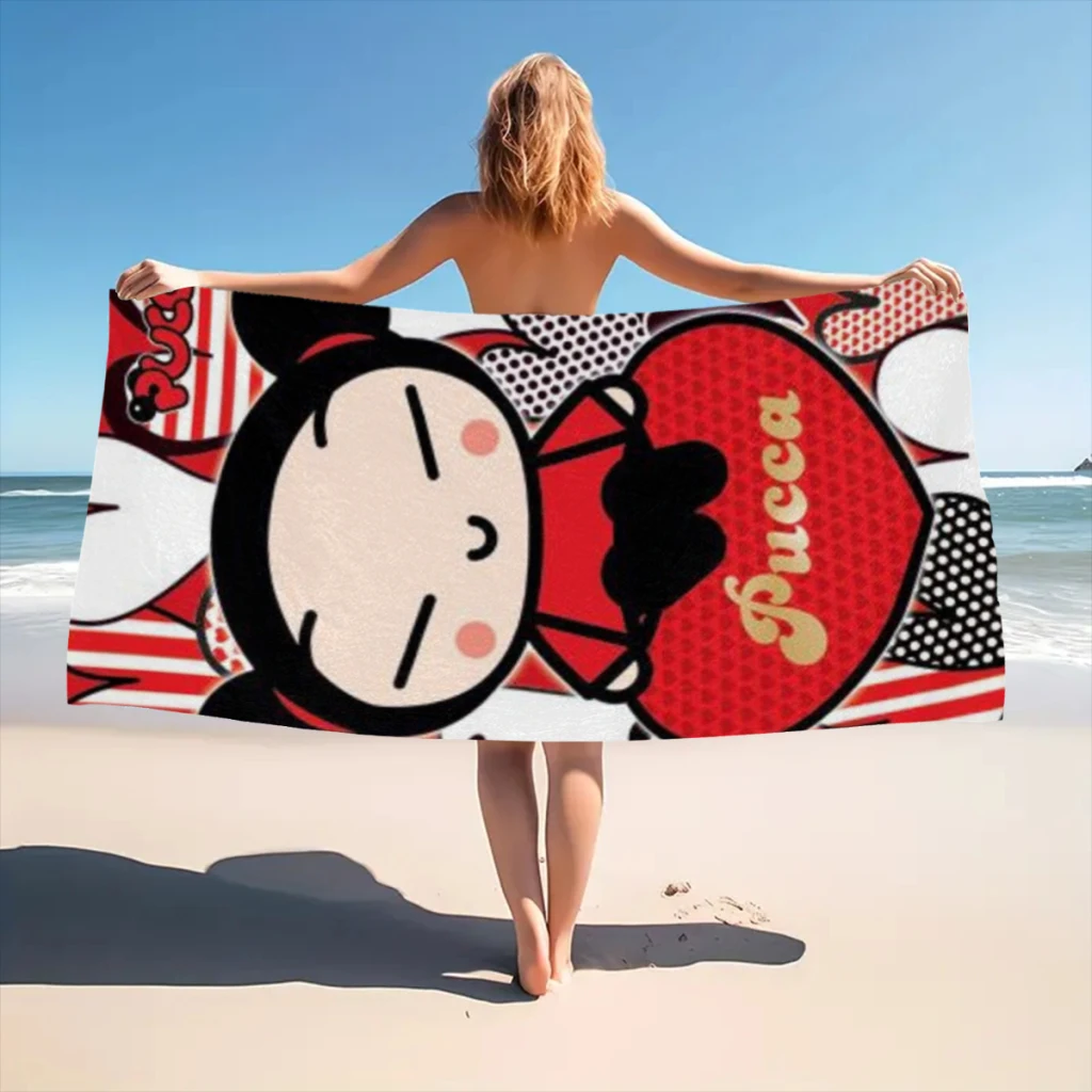 Cute Cartoon Pucca Garu Beach Towel  Poncho Bathing Towels Cover-ups Quick Dry Sand Free Yoga Spa Gym Pool