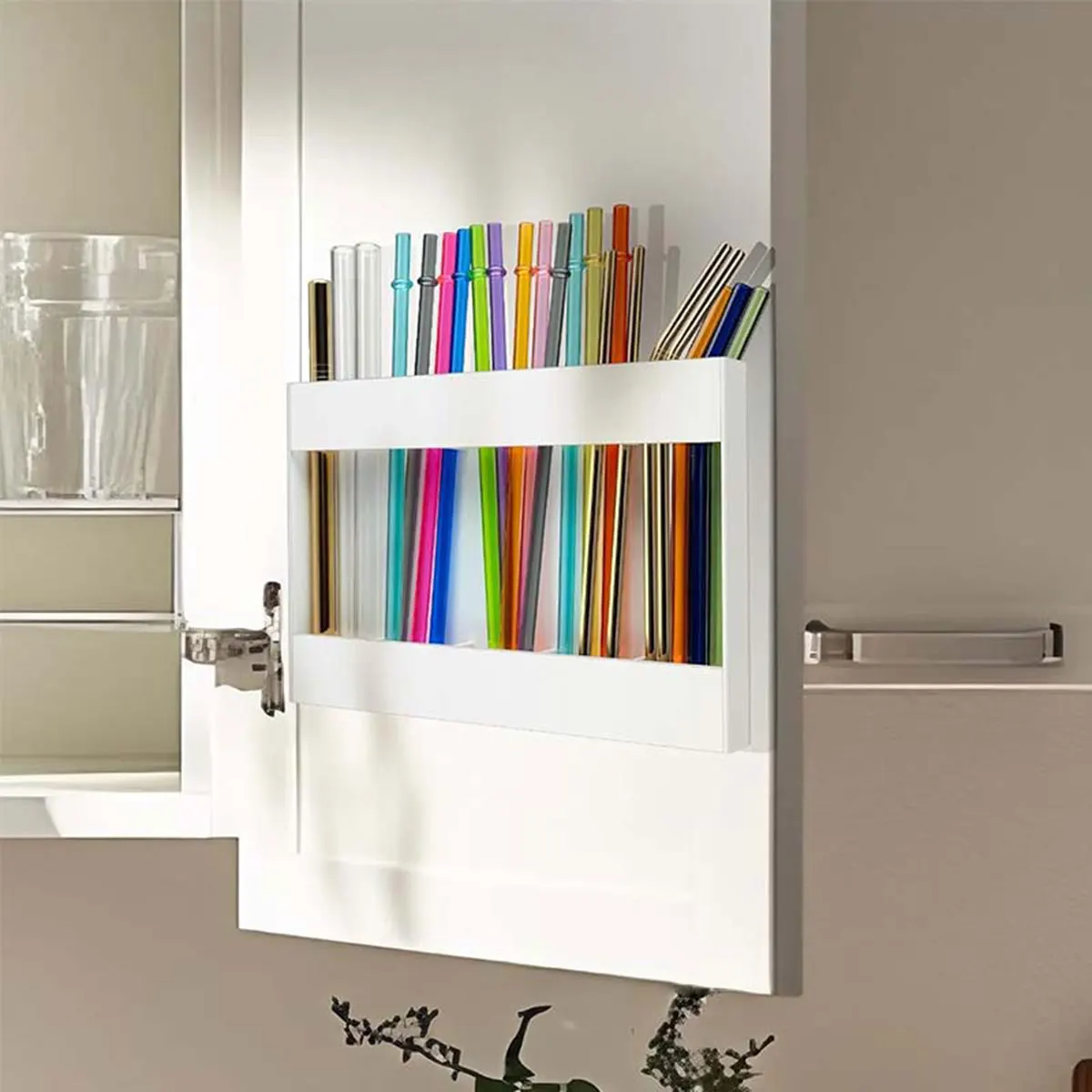 New Acrylic Straw Holder With Sticker Reusable Straw Organizer Storage Rack for Drinking Straws Cabinet Door Mounted