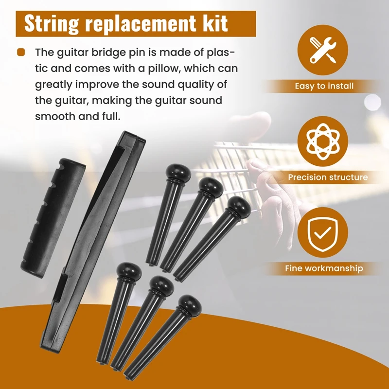 Hot 10 Set Guitar String Pegs Replacement Parts Acoustic Guitar Bridge Pins With Guitar Bridge Saddle Nut Kits Tools Black