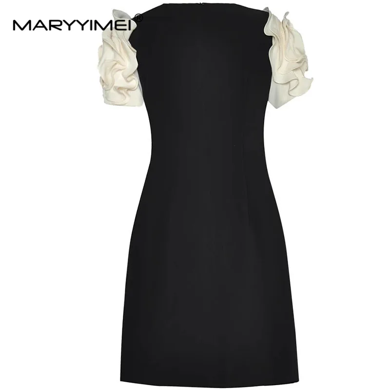 MARYYIMEI Fashion Designers Summer Woman's dress Petal Short sleeved Pocket Mini Black Dresses