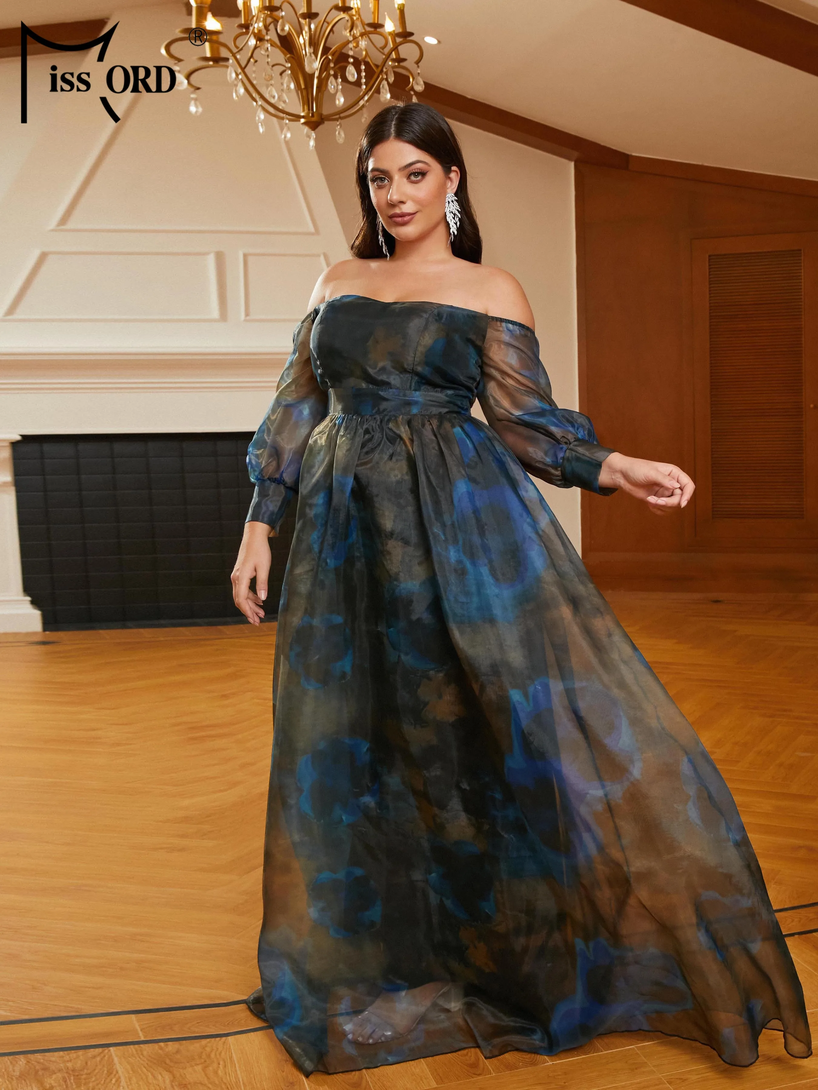 Missord Elegant Tie Dye Plus Size Evening Dresses Women Off Shoulder Long Sleeve Loose A-line Party Dress Large Size Prom Gown