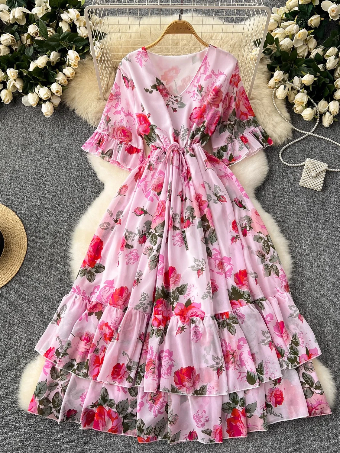 

Summer Women Floral Ruffle Long Dress Elegant V-Neck Flare Short Sleeve High Waist A-Line Maxi Vestidos Female Robe Beach New