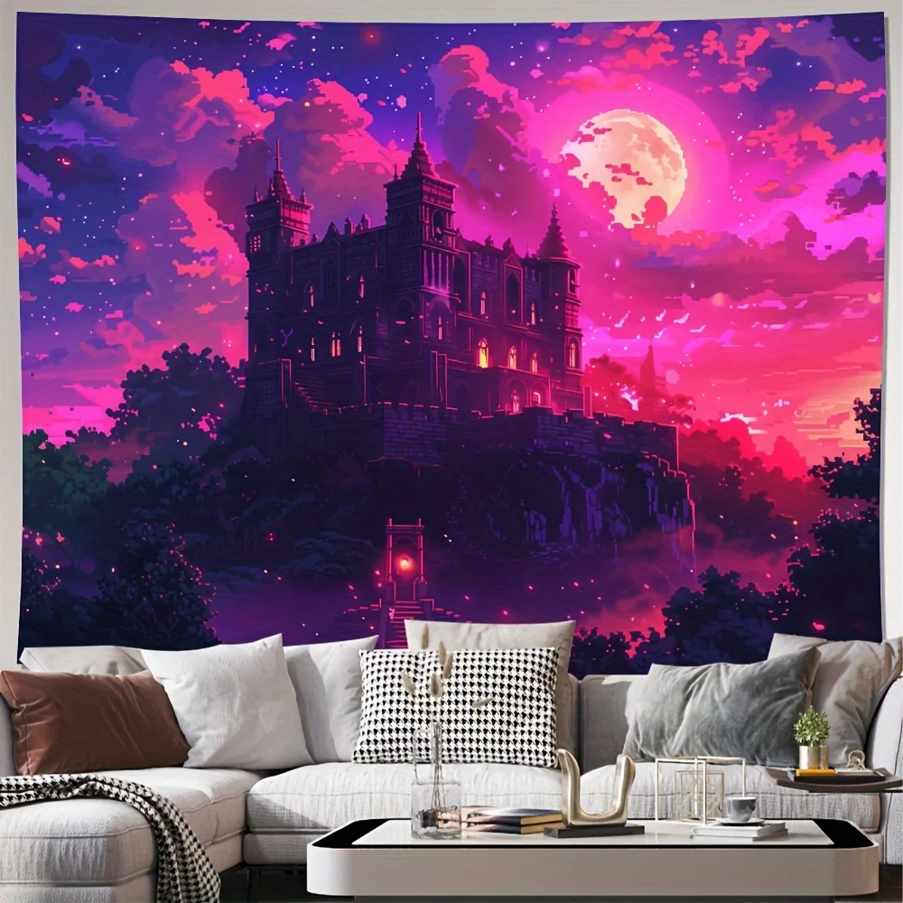 Gothic Castle Tapestry Wall Hanging Fantasy Mystical Haunted House Art Pink Purple Sunset Bohemian Aesthetic Decor for Living Ro