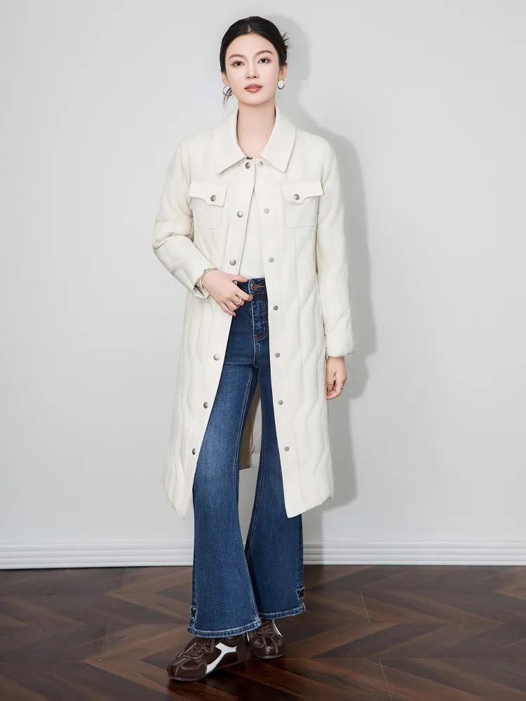 Autumn Winter Women Knee Length Down Coat Single Breasted Belt Windproof Puffer Jacket Work Ladies Goose Down Warm Long Coats