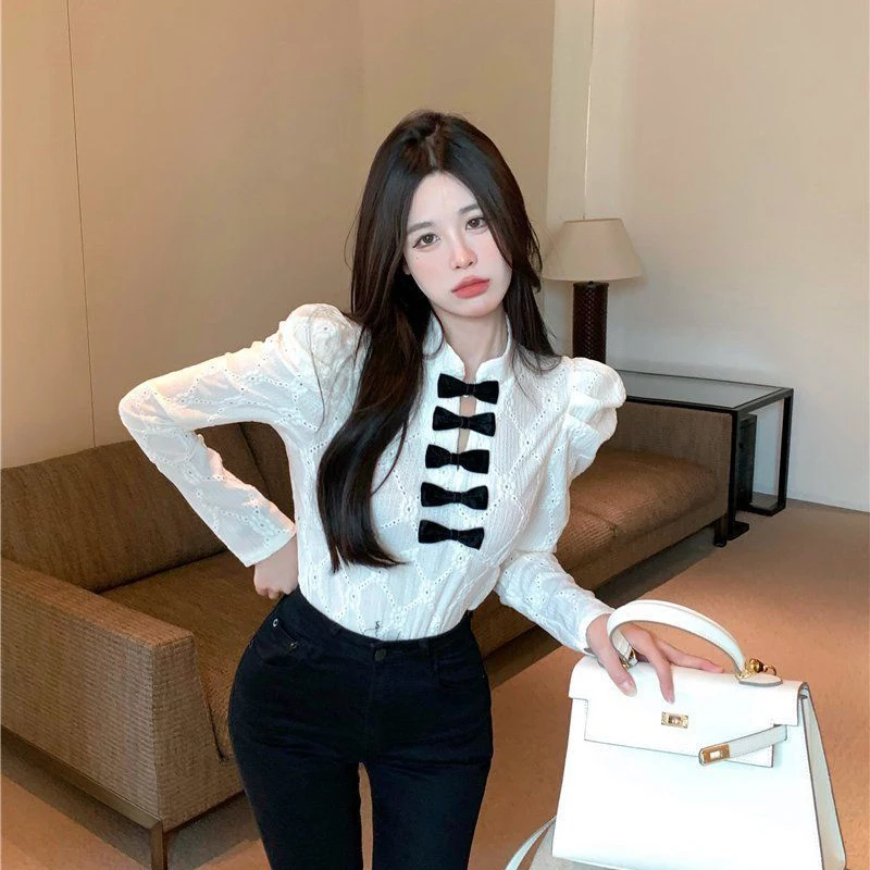 Y2K Women White Shirt Korean Elegant Bow Hollow Out Stand Collar Female Blouse Spring New Chic All Match Long Sleeve Ladies Tops