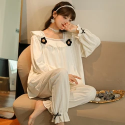 Autumn Korean Women Pajamas Sweet Sleepwear Princess Homewear Ruffled Long-Sleeved Comfortable Loungewear Two-piece Set Homewear