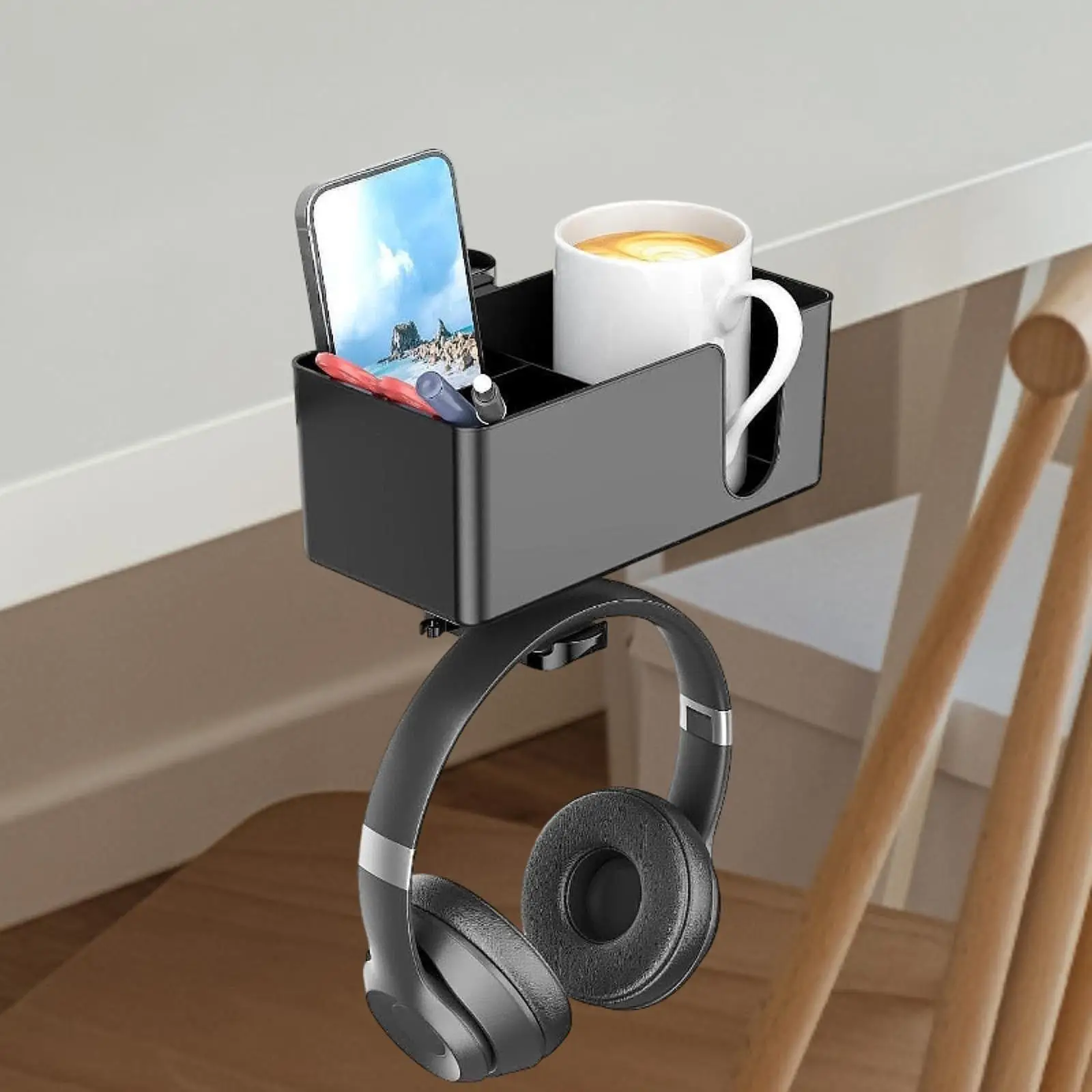 4 in 1 Desk Cup Holder Desktop Organizer Easy to Install Hook Multifunction Headphone Hanger for Stationery NightStand Office