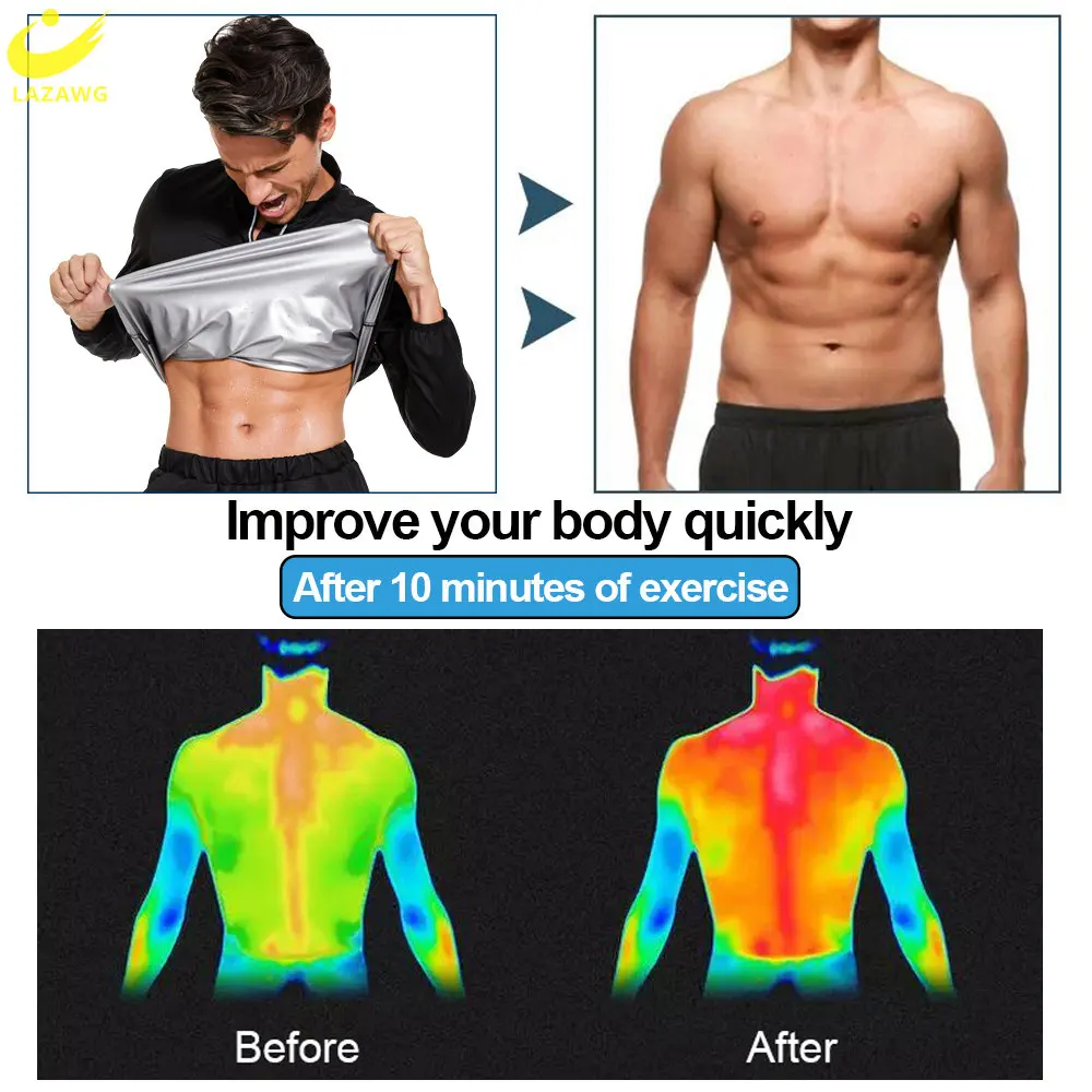 LAZAWG Sauna Jacket for Men Sweat Top Weight Loss Suit Slimming Shirt Body Shaper Exercise Sport Fitness Workout Gym Fat Burner