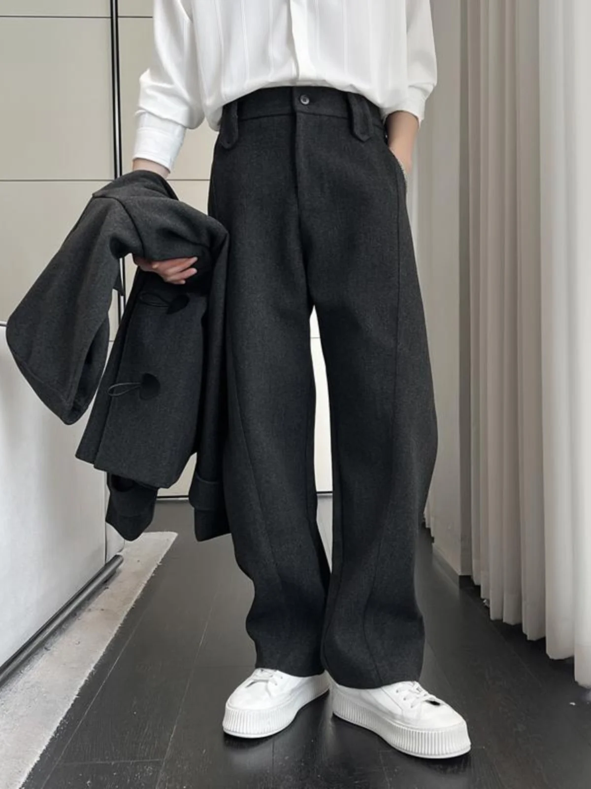 

Мужские повседневные утепленные шерстяные брюки прямого кроя, осенне-зимние, новые, с высокой талией, широкие штанины, модные, в уличном стиле