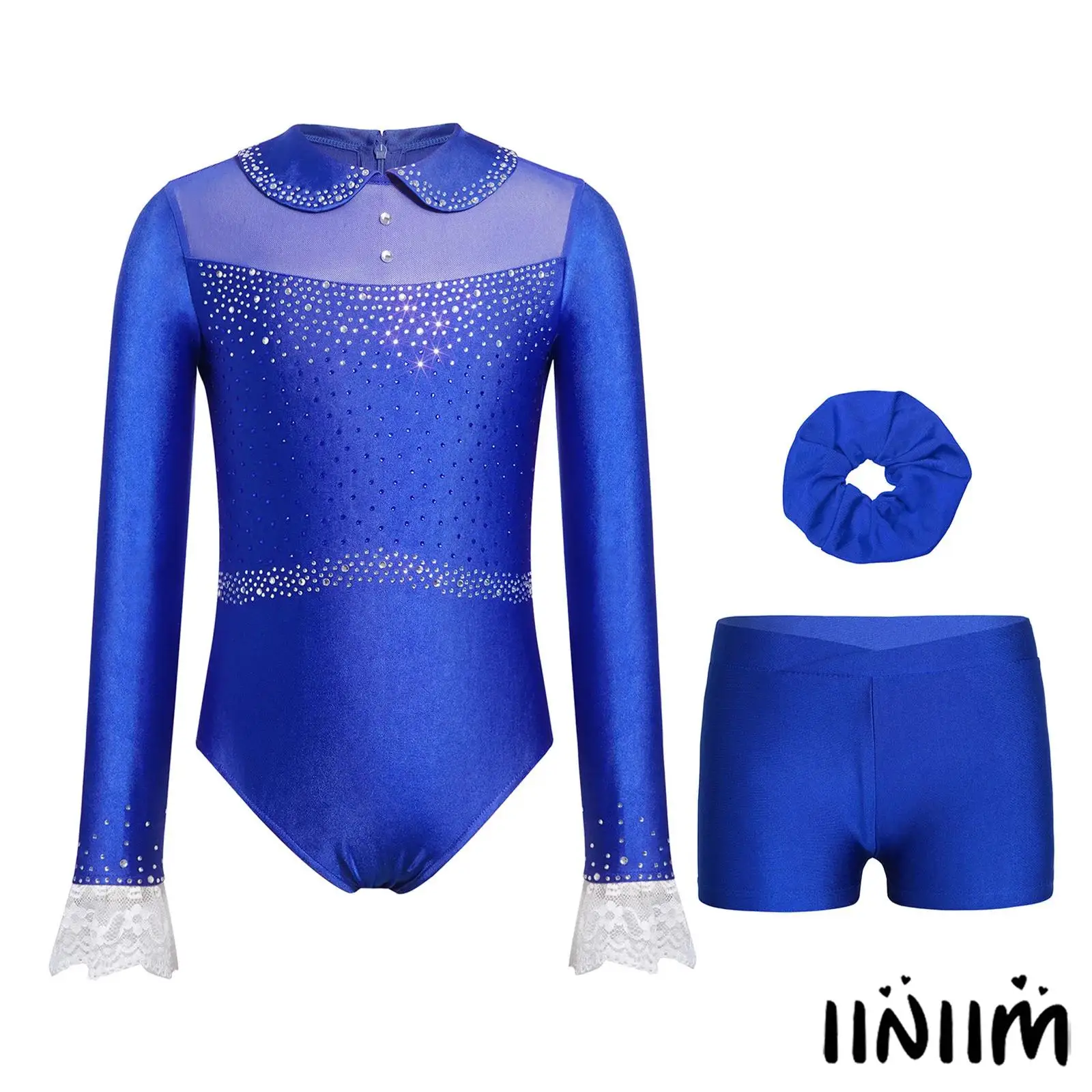 

Kids Girls Gymnastics Figure Skating Dance Outfit Long Sleeve Mesh Sparkling Rhinestone Ballet Leotard with Shorts and Hairband