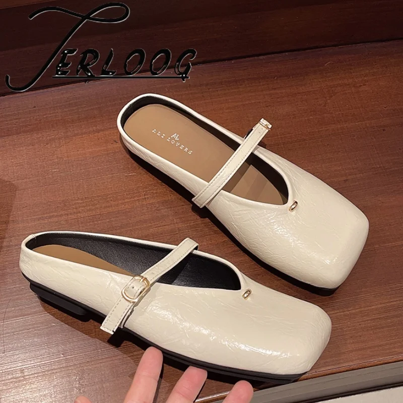 

Fashion Mules Women Slippers Square Toe New Shoes Leather 2025 Sandals Slingback Summer Casual Women Flats Shoes Zapatos Mujer