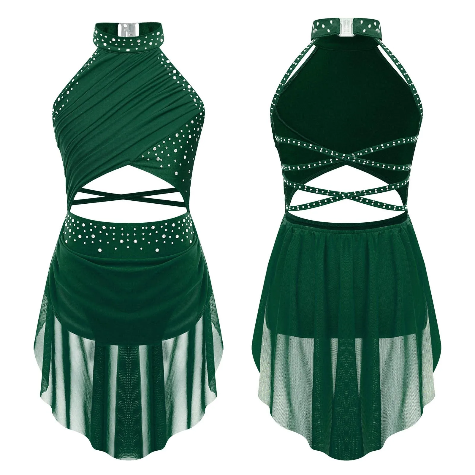 Girls Lyrical Dance Dress Rhinestones Gymnastics Ballet Leotard Dress Backless Sheer Mesh Modern Figure Skating Prom Costumes - view 3
