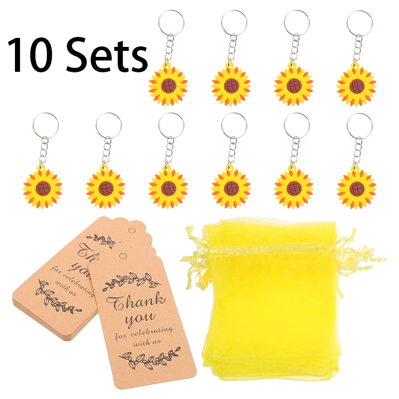 10Sets Keychains Organza Bags Thank You Kraft Tags for Kids Party Supplies Wedding Baby Shower Return Gifts